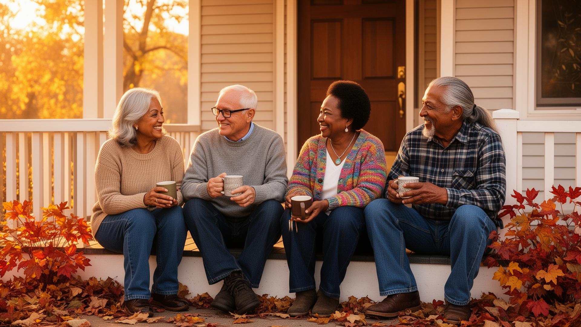 A diverse group of Wisconsin retirees — Hispanic, white, African American, and American Indian — chatting together on a sunny autumn porch